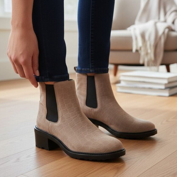 Vince Camuto Chelsea Kelivena Sable Croc Embossed Suede Tall Ankle Size 9.5 - Picture 2 of 9